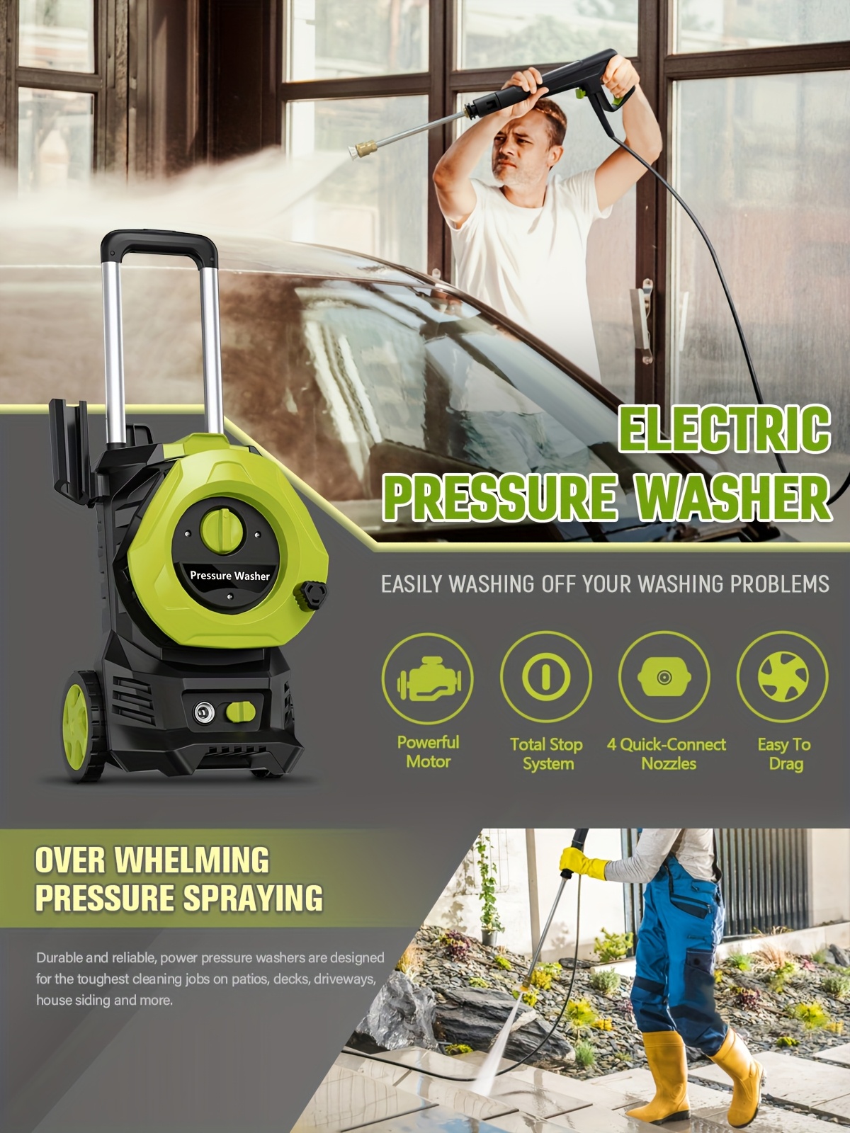 4800psi heavy duty electric pressure washer with 25ft hose reel 4 nozzles foam cannon 2 8gpm power washer for cars fences patio us plug metal construction fence cleaning   outdoor tool pressure washer accessories details 0