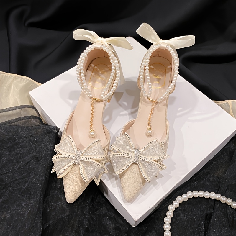 Zapatos de tacón para mujeres elegantes con cadenas de perlas y de  malla Zapatos de punta para para novia/dama de honor