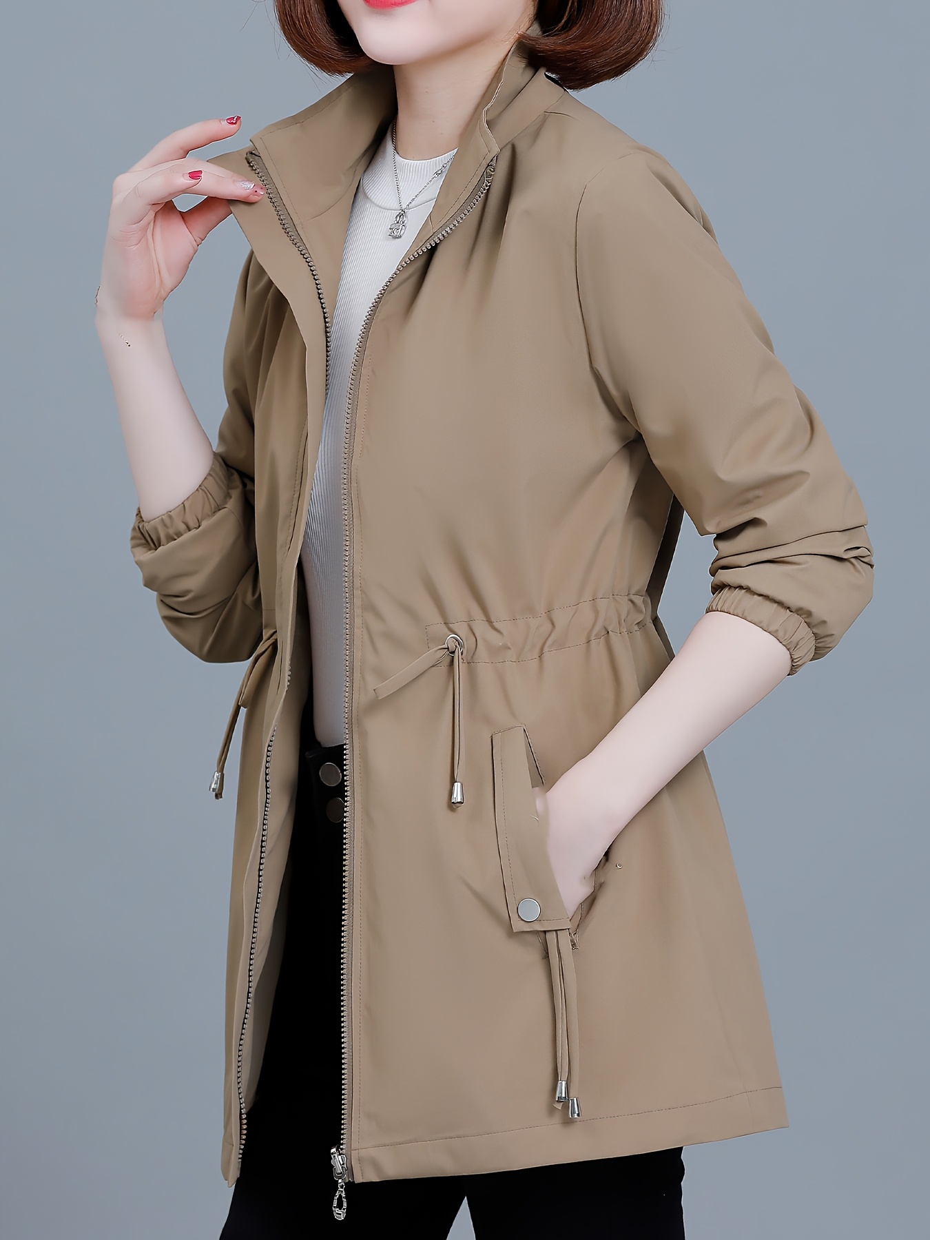 1pc Women'S Casual Windbreaker Jacket with Drawstring Waist, Regular Fit  Long Sleeve Solid Color Polyester Trench Coat for Spring/Summer,  Non-Stretch