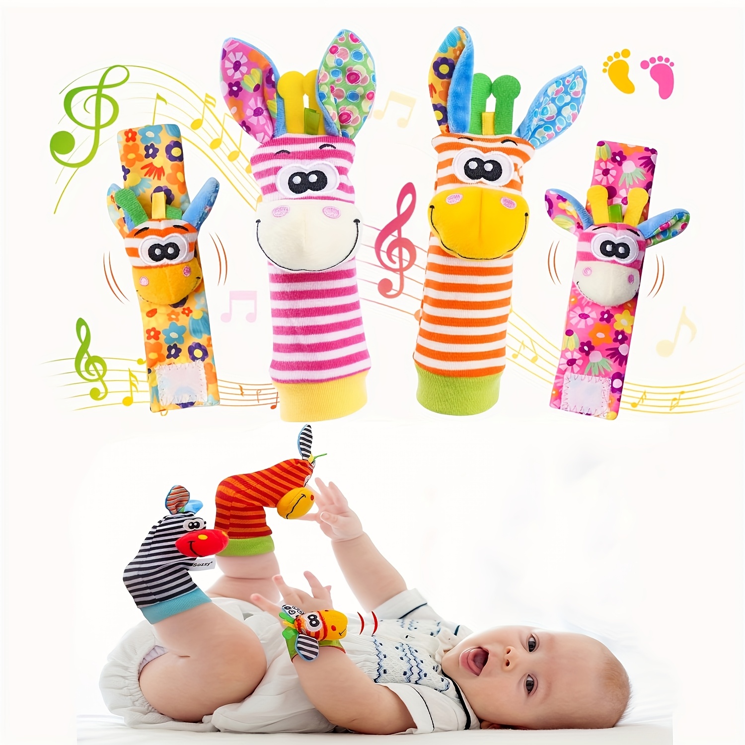 TEMU 4pcs Baby Wrist Rattles Foot Finder Toys Set, Toddler Rattle Sock, Arm Hand Bracelet, Feet Leg Ankle Socks, Gift For Newborn Infant Babies Boy