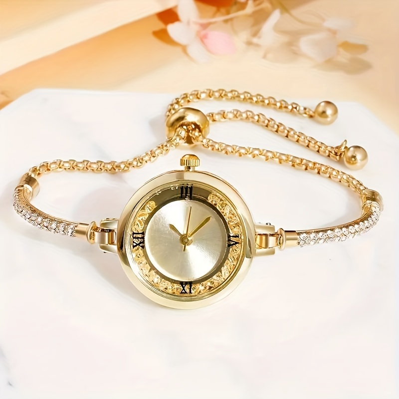 

Luxury Golden Rhinestone Quartz Watch With Zinc Alloy Strap, Adjustable, Stylish Round Dial, Perfect Fashion Gift For Valentine's, Birthday, Anniversary