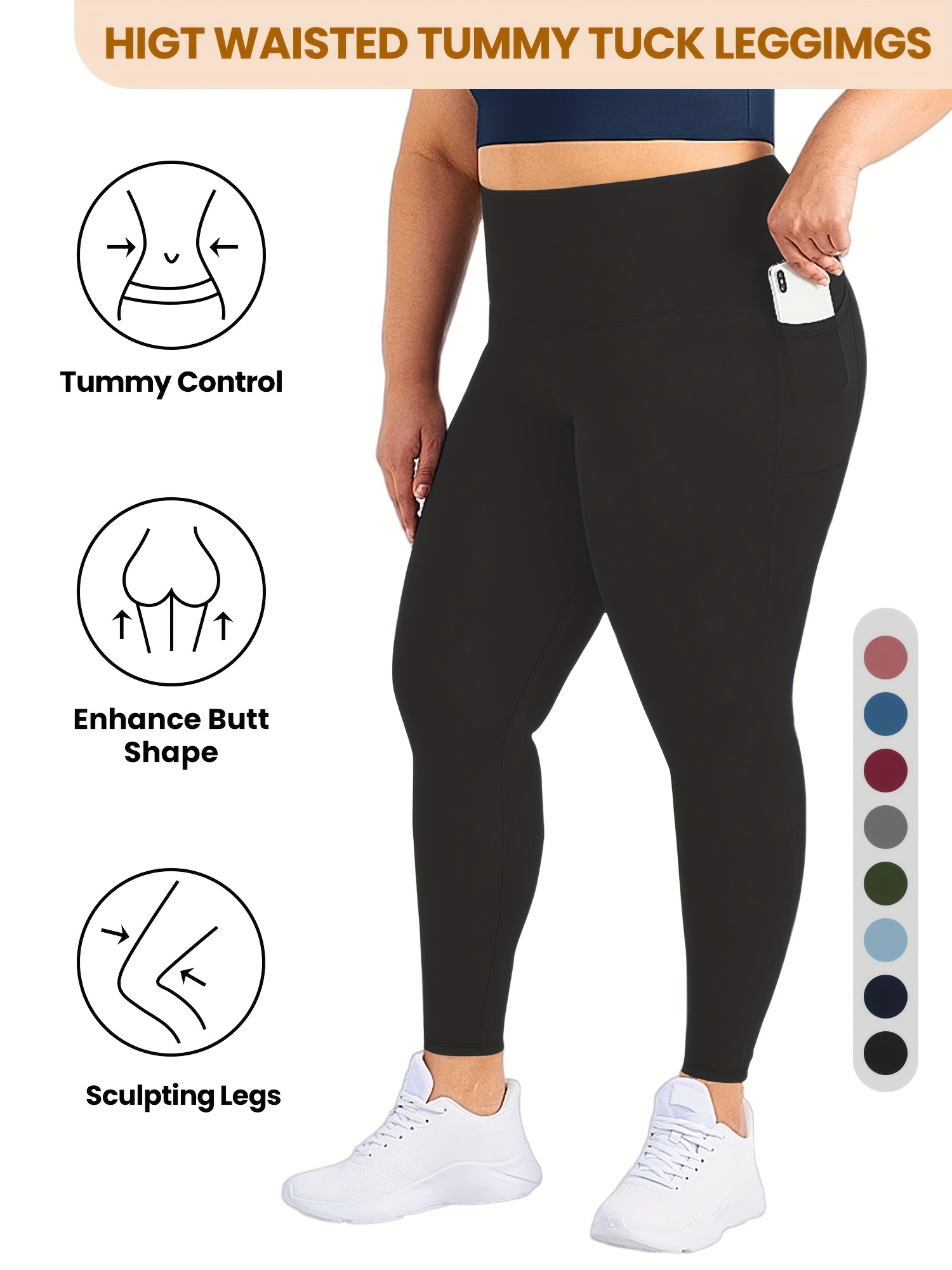 Plus Size High Waist Yoga Pants with Side Pockets - 88% Polyester 12% Elastane Stretchy Tummy Control Leggings, Sculpting Workout Gym Activewear for Women, All-Season Comfort (Machine Washable)