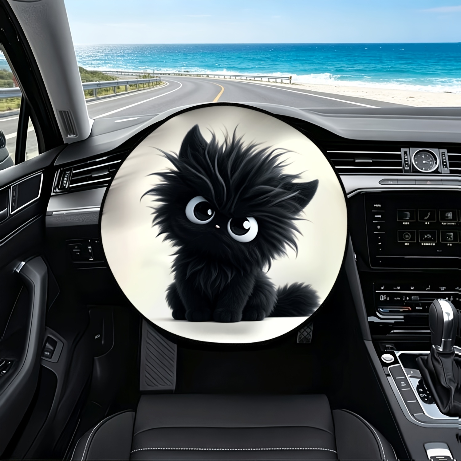 Image of 1pc Big- Fluffy Black Cat Steering Wheel Sunshade, Sun Protection And Heat Insulation, Essential For Summer Car Use, Improves Driving Mood, Suitable For All Car Models, A Gift For