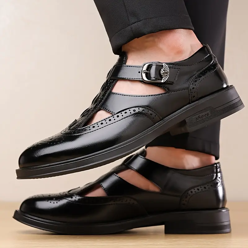 mens stylish perforated wingtip sandals casual slip on loafers with straps brown breathable design for casual attire versatile loafers fashionable sandals polished Product details 6