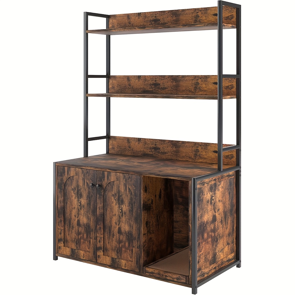 Litter Box Enclosure With Storage Shelves, Hidden Cat Litter Box Enclosure Furniture With 2 Doors And Scratch Pad, Large Indoor Wooden Cat House Cabines