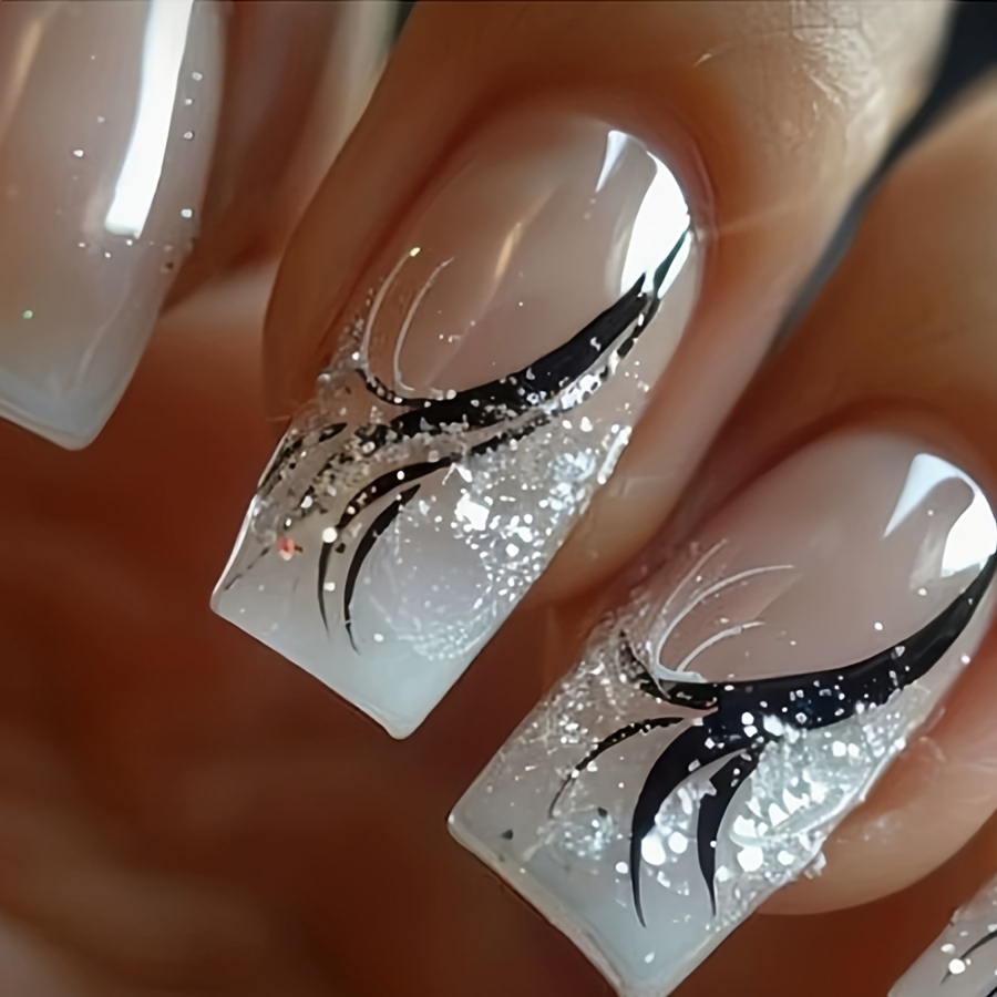 TEMU Upgrade Your Look: 24pcs Press-on Nail Set With White Edge Gradient, Scattered Powder Lines, High-end Aesthetic, Pure And Desirable Style,