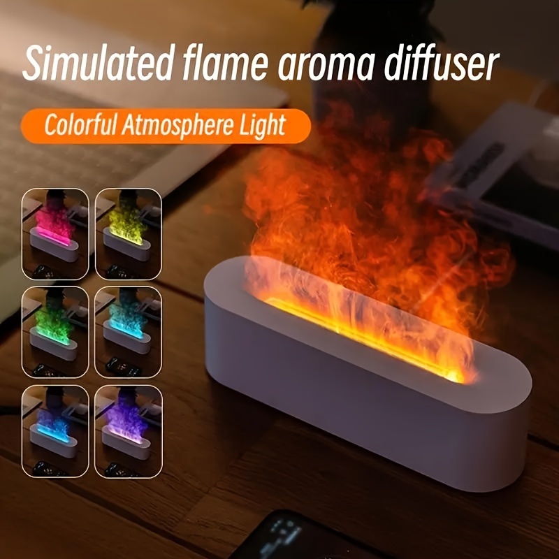 1pc 3 speed timing aroma diffuser simulated flame led humidifier with colorful atmosphere light usb powered 150ml water tank essential oil compatible power outage protection for home office dorm use 10 1 inch 25 7cm black white details 0