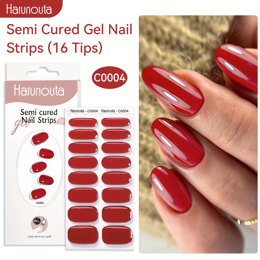 Image of Harunouta 16strips Semi Cured Gel Nail Strips Solid Color Red Nail Decals /led Lamp Gel Polish Sticker Waterproof Long Lasting Nail Wraps Nail Art Nails For Grils Women Nail Decoration C0004