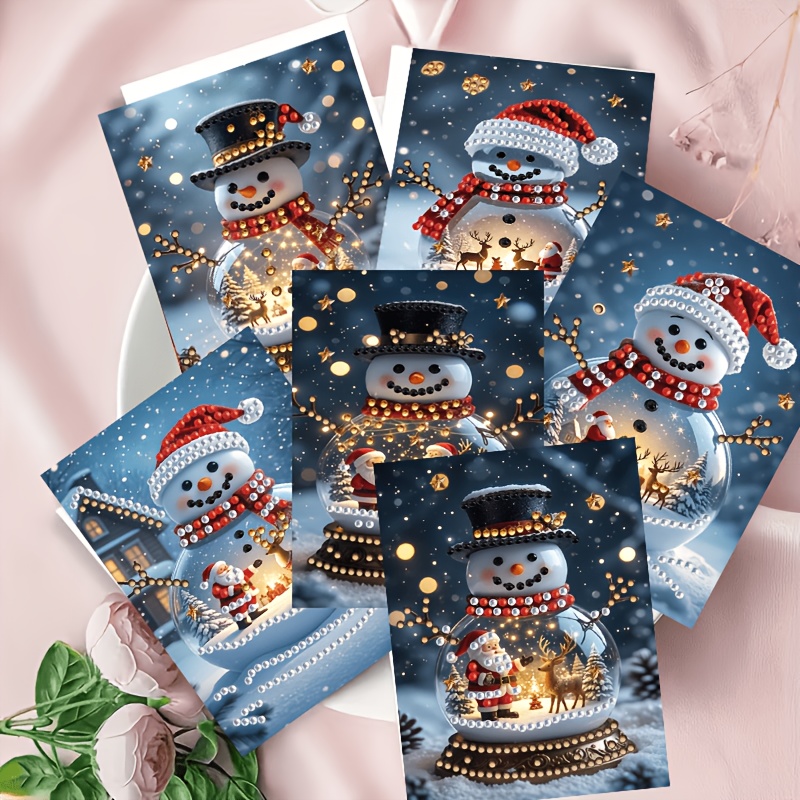 TEMU Newly 6 Unique Christmas Snowman And Diamond Painting Greeting Cards, Diy Round Diamond Painting Card Handmade Kit(18cm*12cm/7. 09in*4. 72in)