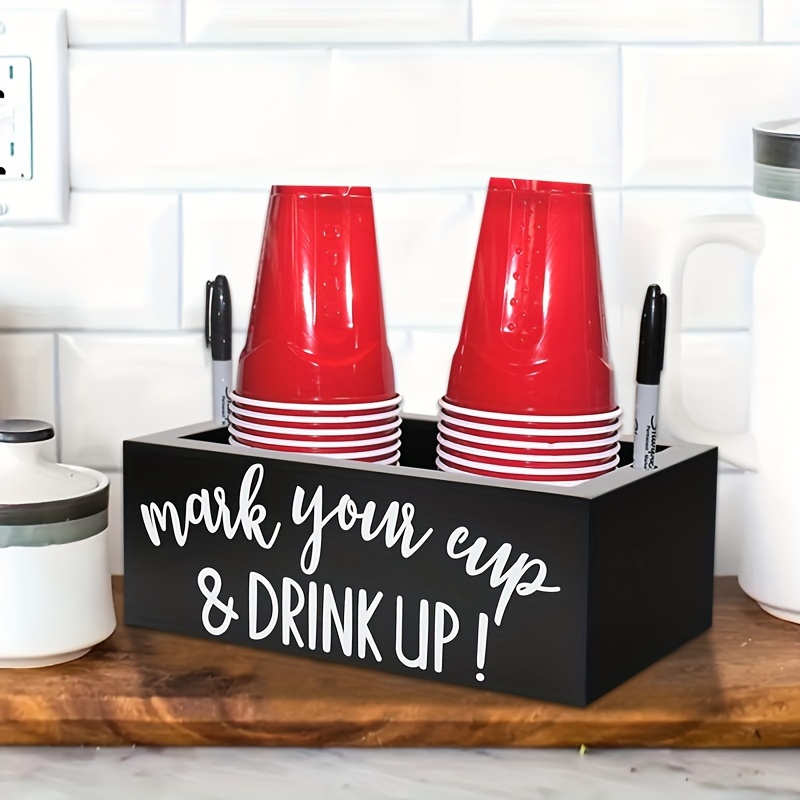 

Rustic Wooden Double Cup Holder With Marker Slot - Parties, Weddings & Home Bar Decor, Ideal For Kitchen Countertops & Office Use, Disposable Cups Not Included