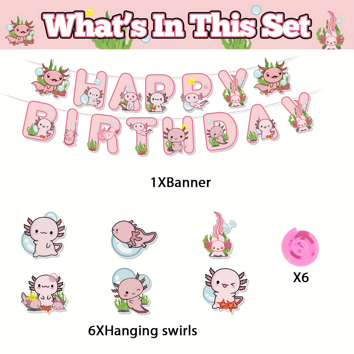 Image of Axolotl Happy Birthday Banner - 13pcs Pink Birthday Decor Backdrop Sign Party Supplies Set Photo Background Supplies Hanging Swirls Decorations