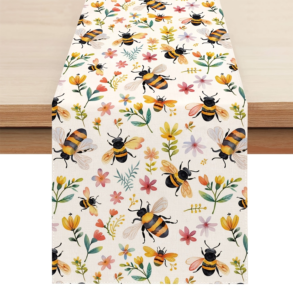 

1pc Bee And Floral Table Runner, 100% Polyester Woven Rectangular Table Decor, For Dining, Spring And Party Decoration