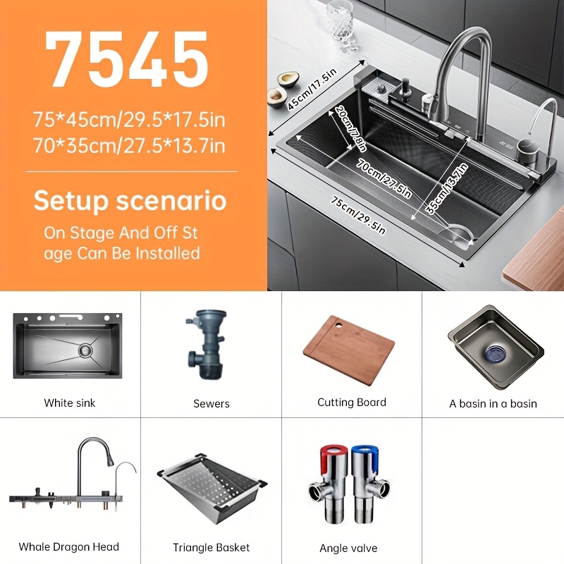 Musurjoy X 17.7in Black Undercounter Shark Waterfall Kitchen Sink With Pull-out Faucet, Cup Washer And Other Additions For Kitchens And Bars