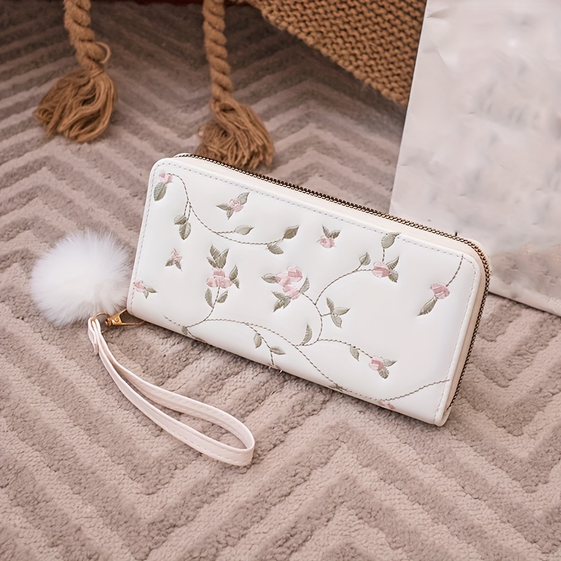 Elegant And Grand Ancient-style Embroidered Women's Clutch Bag With Ball Decoration, Multiple Card Slots, And Long Coin Purse