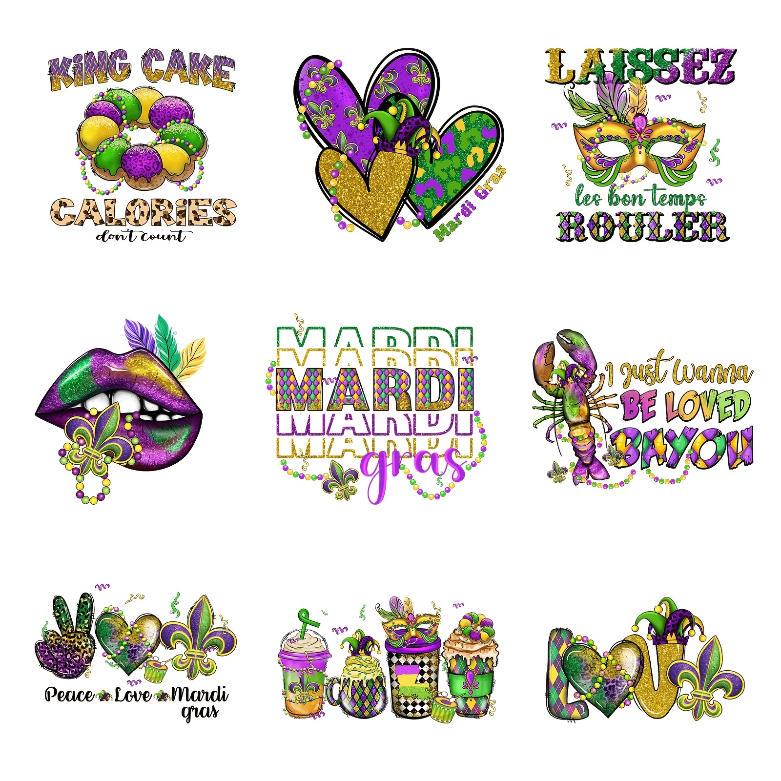 

9pcs Mardi Gras Iron-on Transfer Patches - Diy Vinyl Decals For Clothing, T-shirts, Jeans & Masks