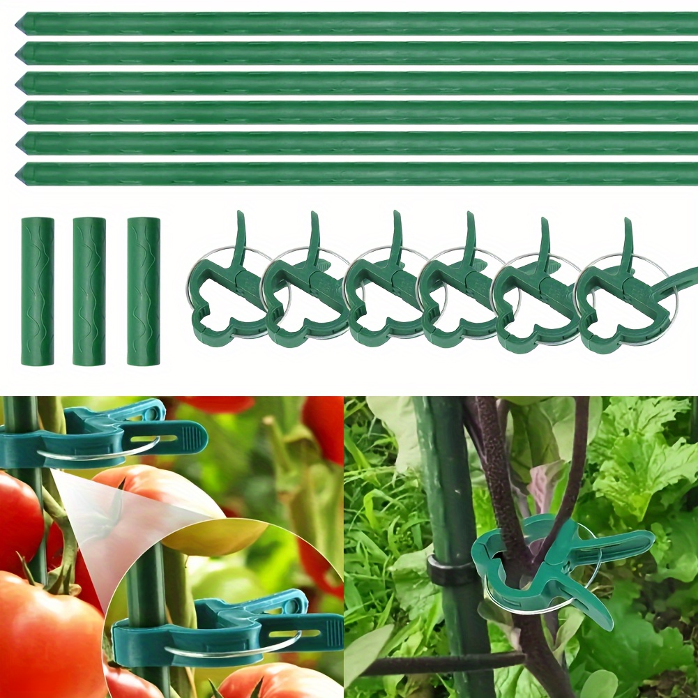 

Festive Green Plant Support Stakes With Clips: Perfect For Tomatoes, Cucumbers, And Beans - Includes 6 Stakes, 3 Connecting Pipes, And 6 Clips