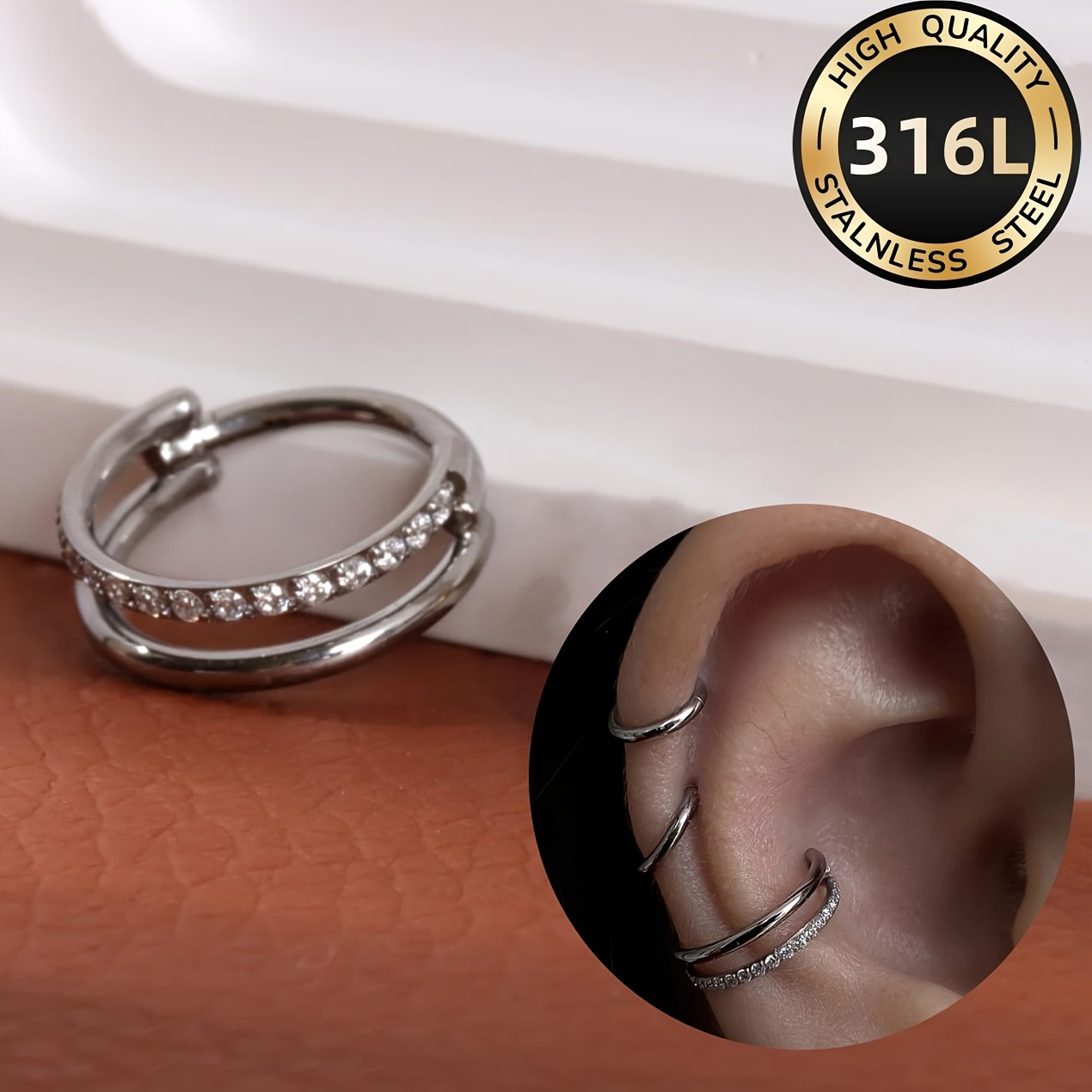 1pc 316l Stainless Steel Seamless Hinged Clicker Septum Hoop Nose Ring With Sparkling Cubic Synthetic Zirconia For Women's Cartilage Tragus Daith Heilx Conch Earrings