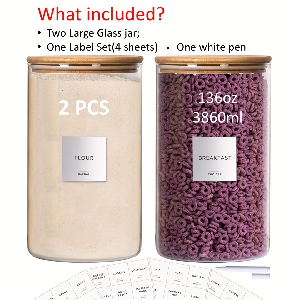 TEMU 2pcs Glass Jar Canisters Set (73/101/136oz) With Printed Labels, 2000/2900/3860ml Round Pantry Jars With Bamboo Lids, With Labels & Pen, Food