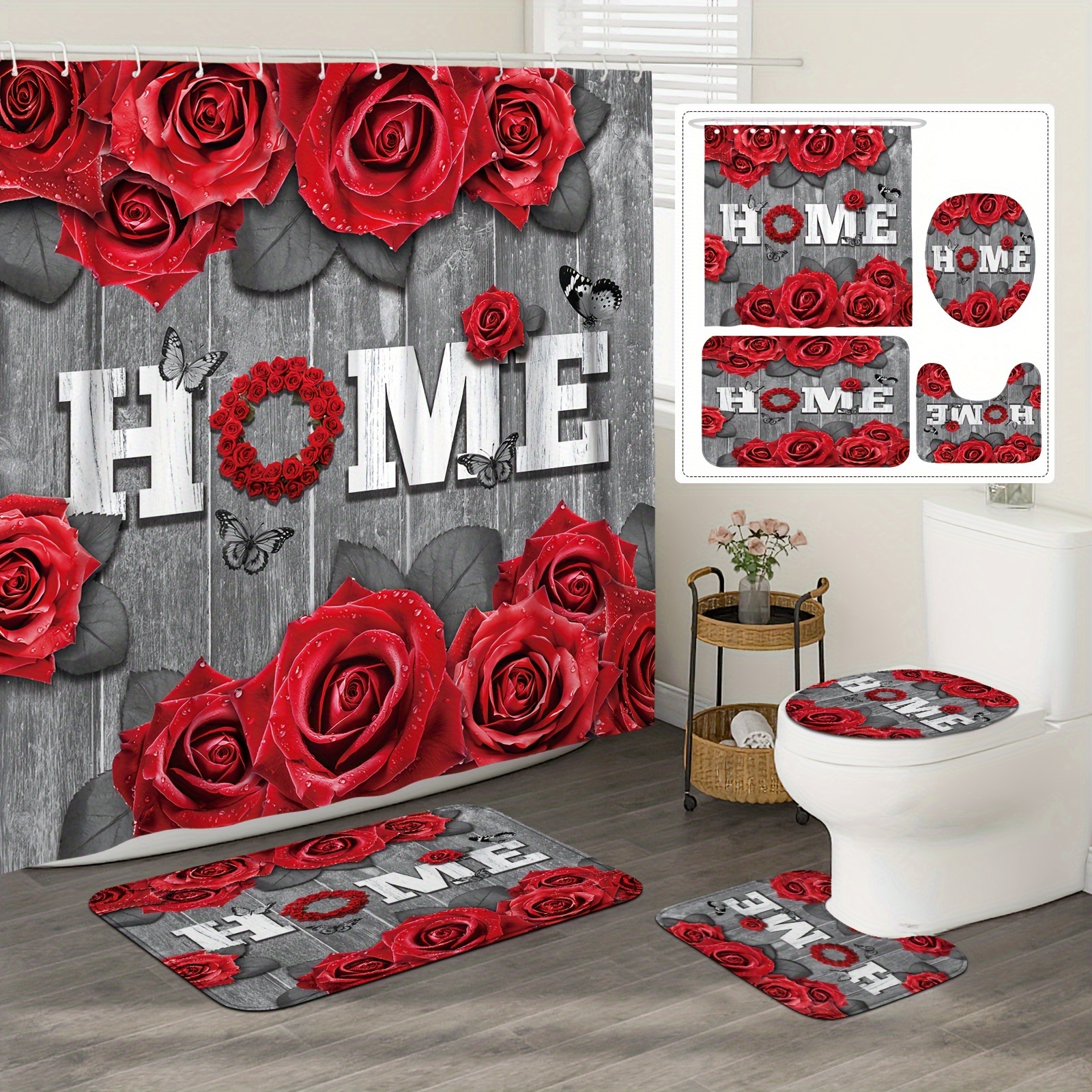 

Waterproof Polyester Fabric Shower Curtain Set With Red Floral & - Includes Non-slip Bath Mat, Toilet Mat, Lid Cover, And 12 Hooks For Home Bathroom Decor And Tub , Farmhouse Theme - Machine Washable