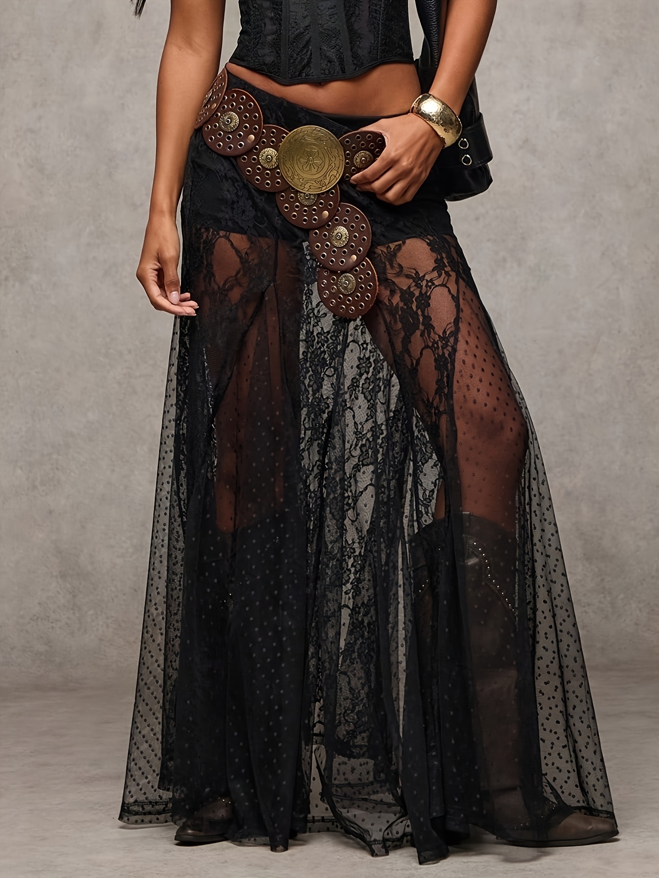 1371 womens black see through lace long skirt polka dot mesh splicing high waist flowy a line skirt y2k gothic party skirt   nightclub style skirt single piece skirt no belt