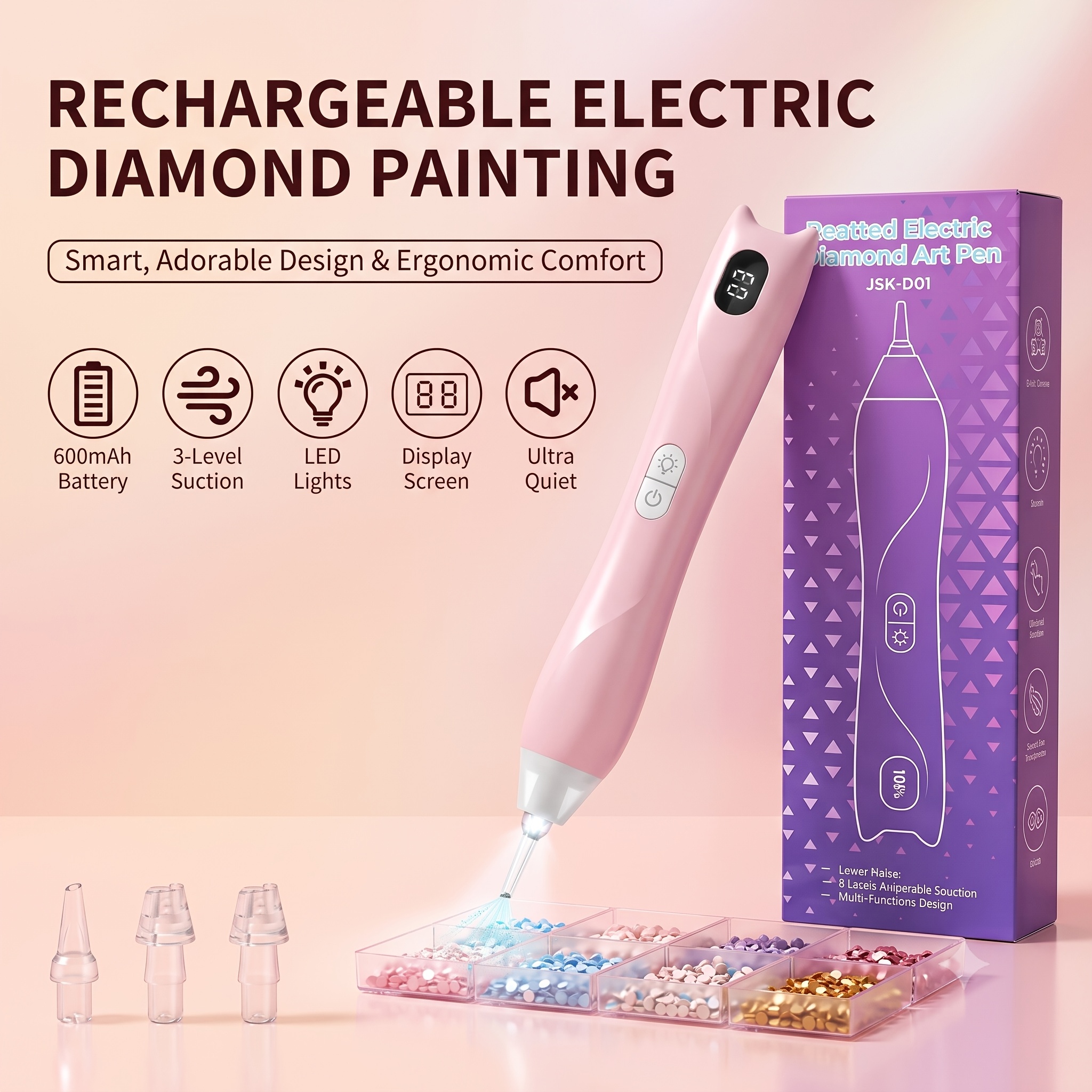 TEMU Electric Diamond Painting Pen With Light Screen, Cat Ear Design Wax-free Rechargeable Cordless Pens For Adults, 3 Suction Levels, 4 Drill Tips,