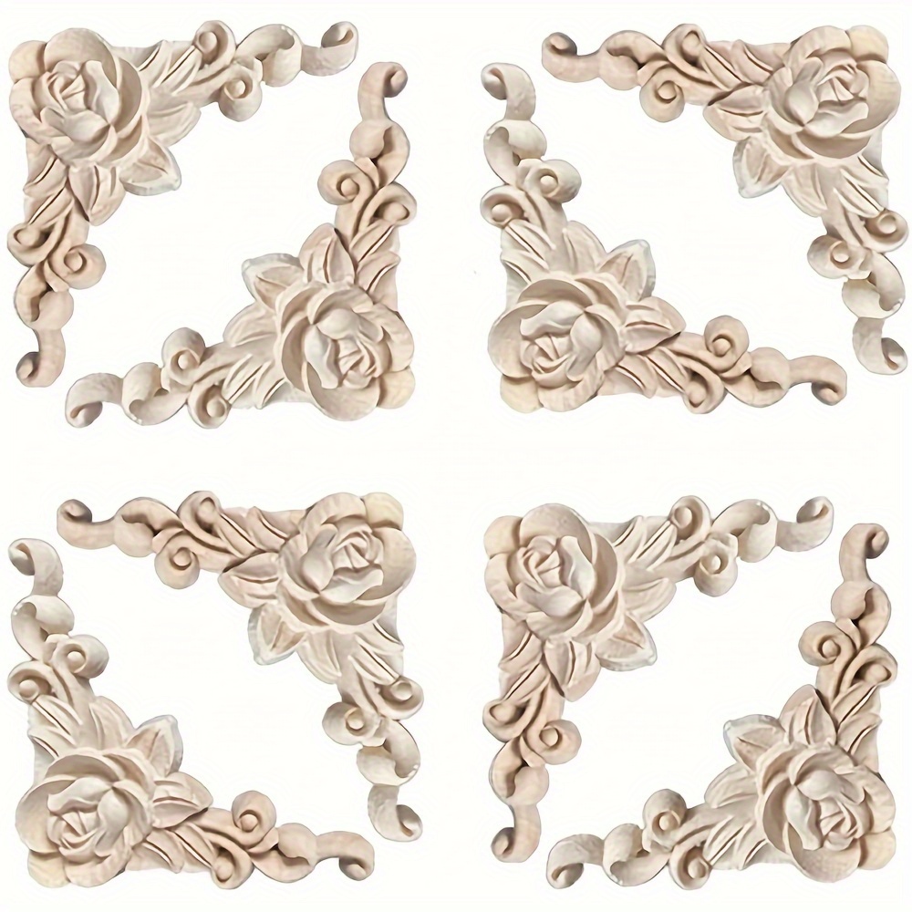 

20 pièces décoratives en bois Rose fleur sculptée Appliques coin Onlay 3,15 X 3,15 pouces bricolage non peint en bois massif sculpté coin décalcomanie pour meubles armoire placard décoration