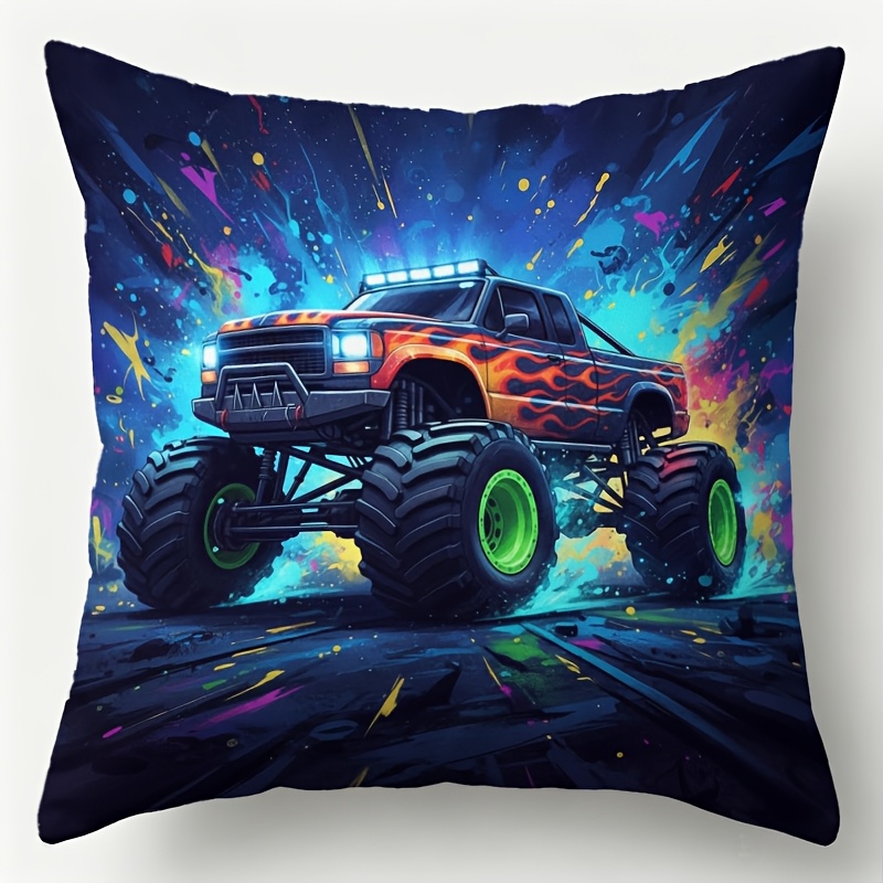 TEMU 1pc Decorative Pillow Cover With Colorful Splash Ink Graffiti Monster Truck Pattern Pillowcase Without Pillow Insert