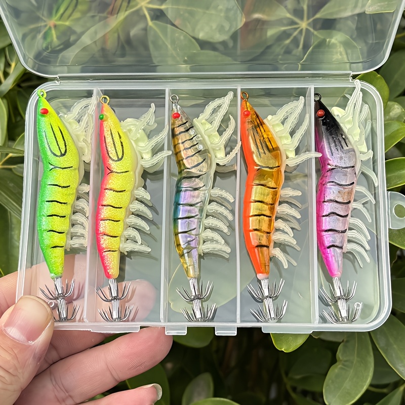 TEMU 5pcs Set 3d Bionic Lure With Strong Glow, Soft Legs, Rattle Beads, Wooden Shrimp, Squid Hook, Hook, 9.5cm, 11.5cm Fluorescent Lure, Lobster Fake