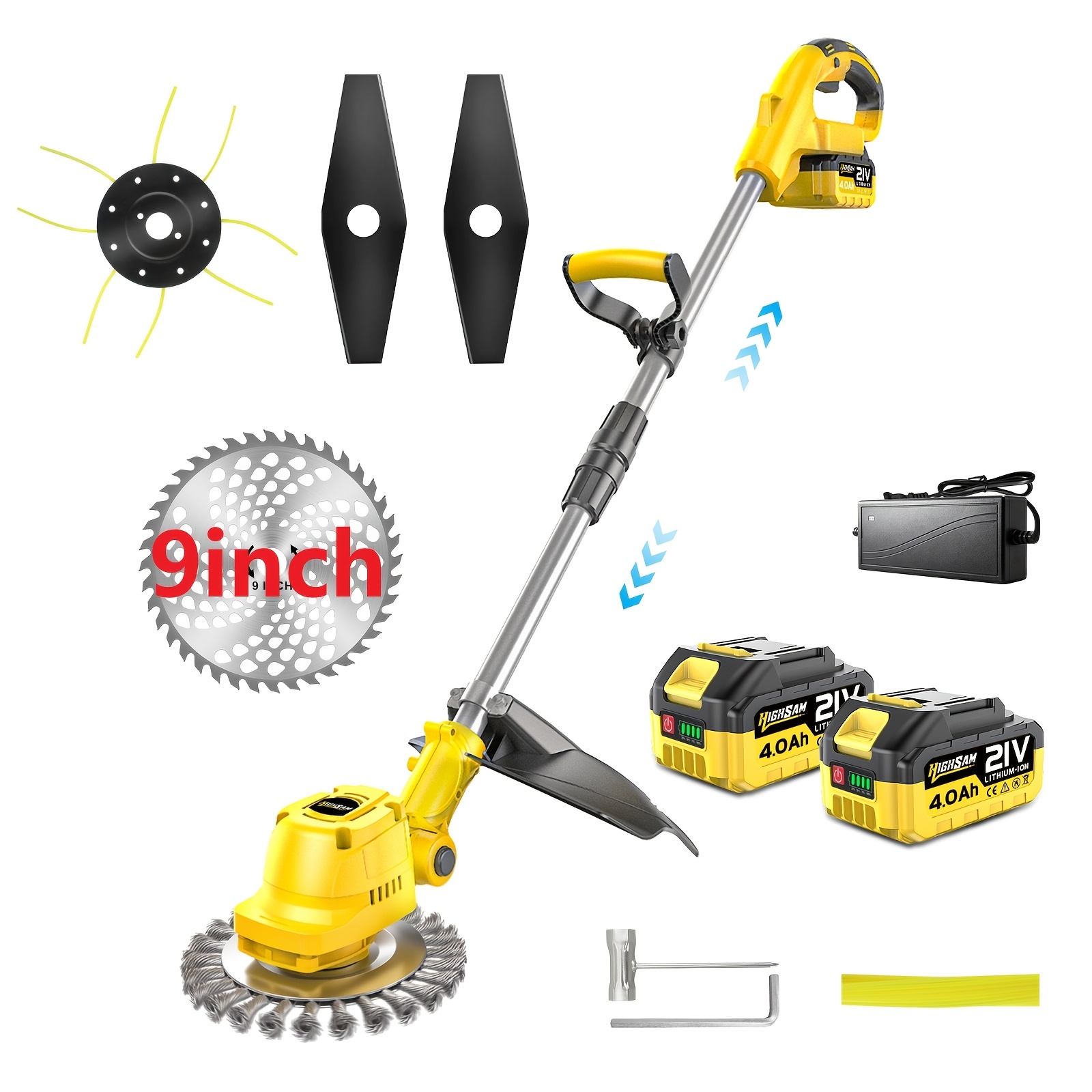 Highsam Brezkrtačna Kosilnica za Travo 23 cm, Brezžična Odstranjevalec Plevela z Čopičem za Plevel, 2*4,0Ah Baterije, Več Kosilnic, 21V