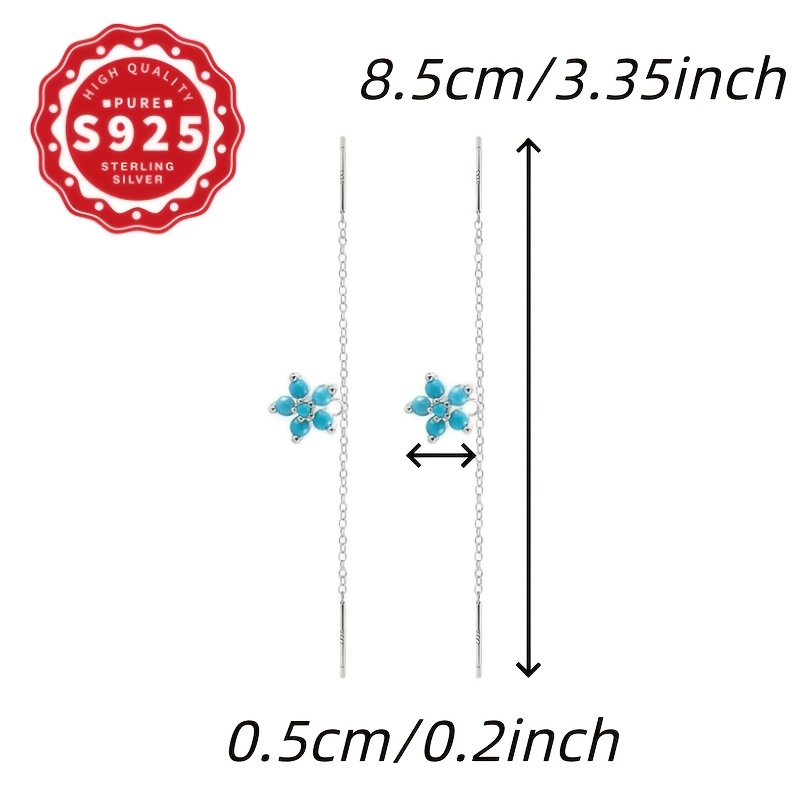 Women's S925 Silver Blue Floral Double Chain Ear Thread, Elegant Gift