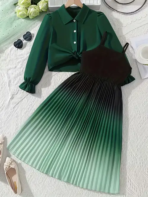 Girls' Fashion Elegant Dress Set, Moss Green Gradient Pleated Cami Dress And Solid Long Sleeve Shirt, Casual Vacation Party * * Style, for Outdoor Girls' Fashion Elegant Dress Set, Moss Green Gradient Pleated Cami Dress And Solid Long Sleeve Shirt, Casual Vacation Party * * Style, for Outdoor