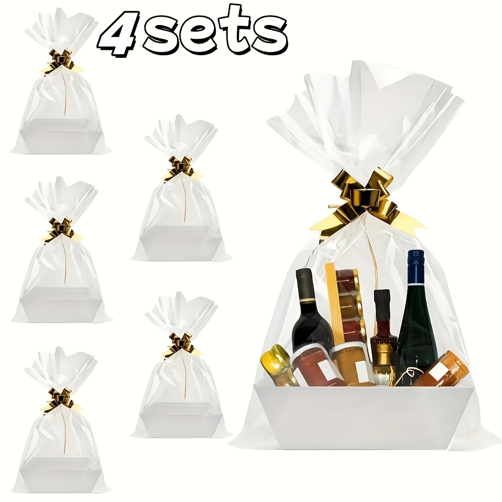 4-Set White Kraft Paper Gift Baskets with Golden Ribbon - Elegant Empty Baskets for Christmas, Easter, Birthdays - Durable & Stylish for Presents, Gifts, and Special Occasions, Gift Baskets for Gifts, Holiday Gift Baskets, Decorative Ribbon Accents, Sturdy Construction, Gift Basket (empty/chocolate), Birthday Basket, Gift Box, Gift Boxes