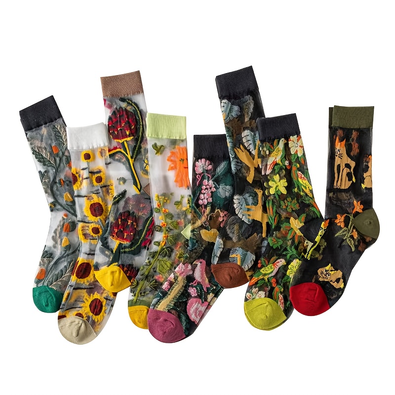 E-shop 8 Paar Socken mit Blumen, Bäumen und Vögeln, neuartige Mid-Calf Socken für Herbst und Winter, Damensocken