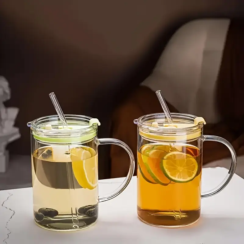 2 4 high capacity glass cups heat resistant household drinking cups come with cup brushes straws and lids in multiple colors Product details 5