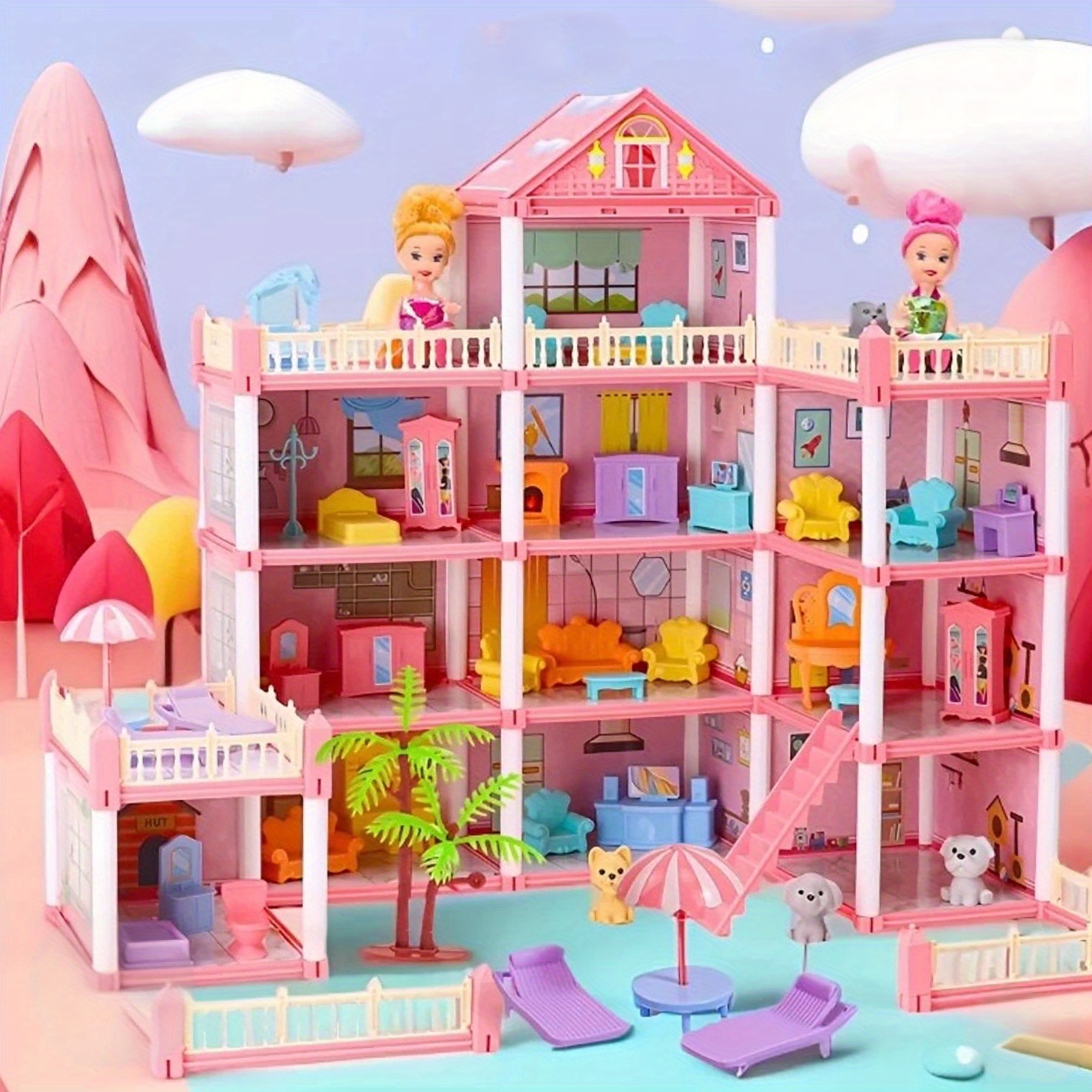 Pink Little Town Wooden Dolls House Dolls House Wooden Dolls House - Main Image