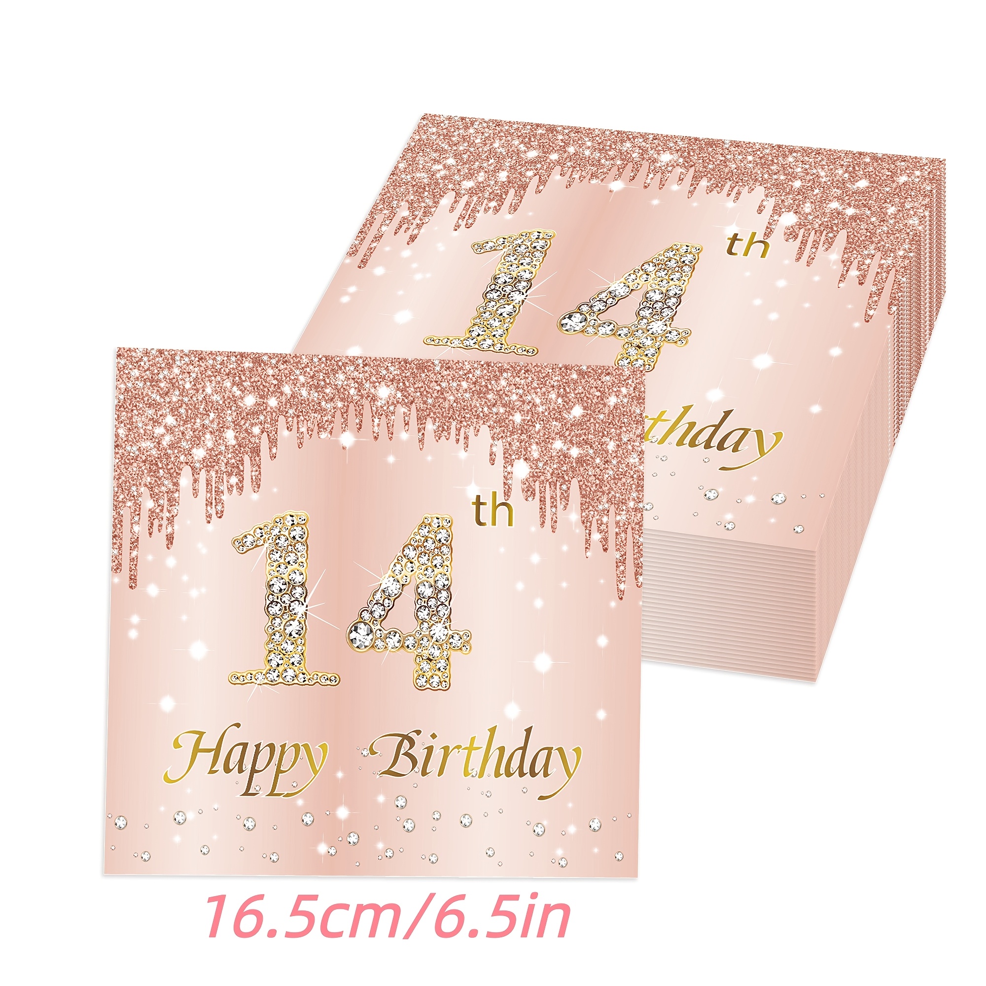 Image of 40pcs Pink Rose Golden 14th Birthday Party Napkins, 2 Layers, Suitable For Girls' Birthday Dinner Rose Golden Lunch Napkins, 15th Birthday Decoration 13 X 13 Inches