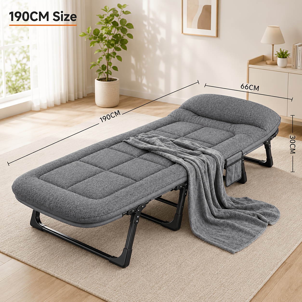TEMU Portable Folding Bed, 6-position Adjustable Backrest, Thick Padded Mattress, With Pillow Cushion And Side Storage Bag, Support, Suitable For