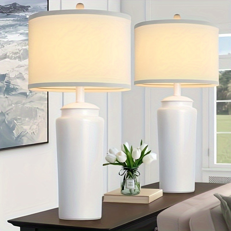 

26inch Ceramic Table Lamps Set Of 2, Farmhouse White Bedside Lamps, Modern Bedroom Table Lamps For Nightstand, Tall Large Table Lamps For Living Room End Tables With Fabric Lampshade, E26
