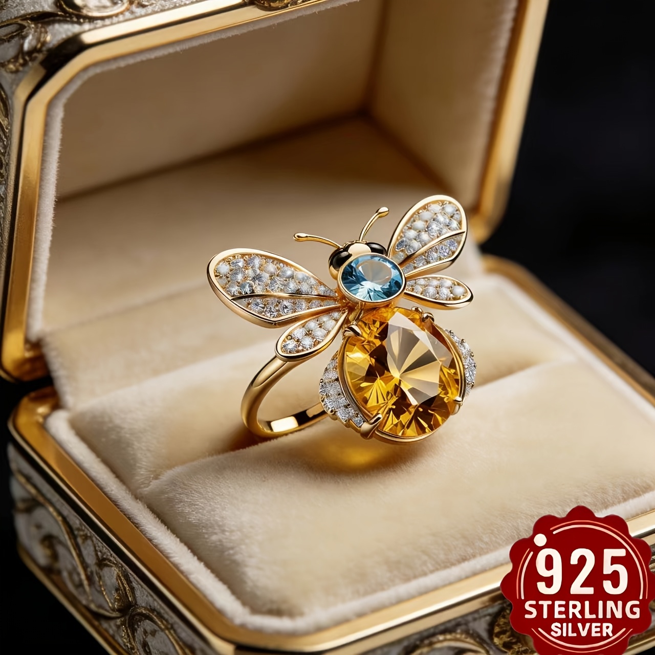 TEMU Femme en Argent S925, Cristal Artificiel Luxe Léger, Bague Mode, Cadeau d'Anniversaire, Cadeau , Style Rétro, Bijou Élégant, Artisanat , Placage