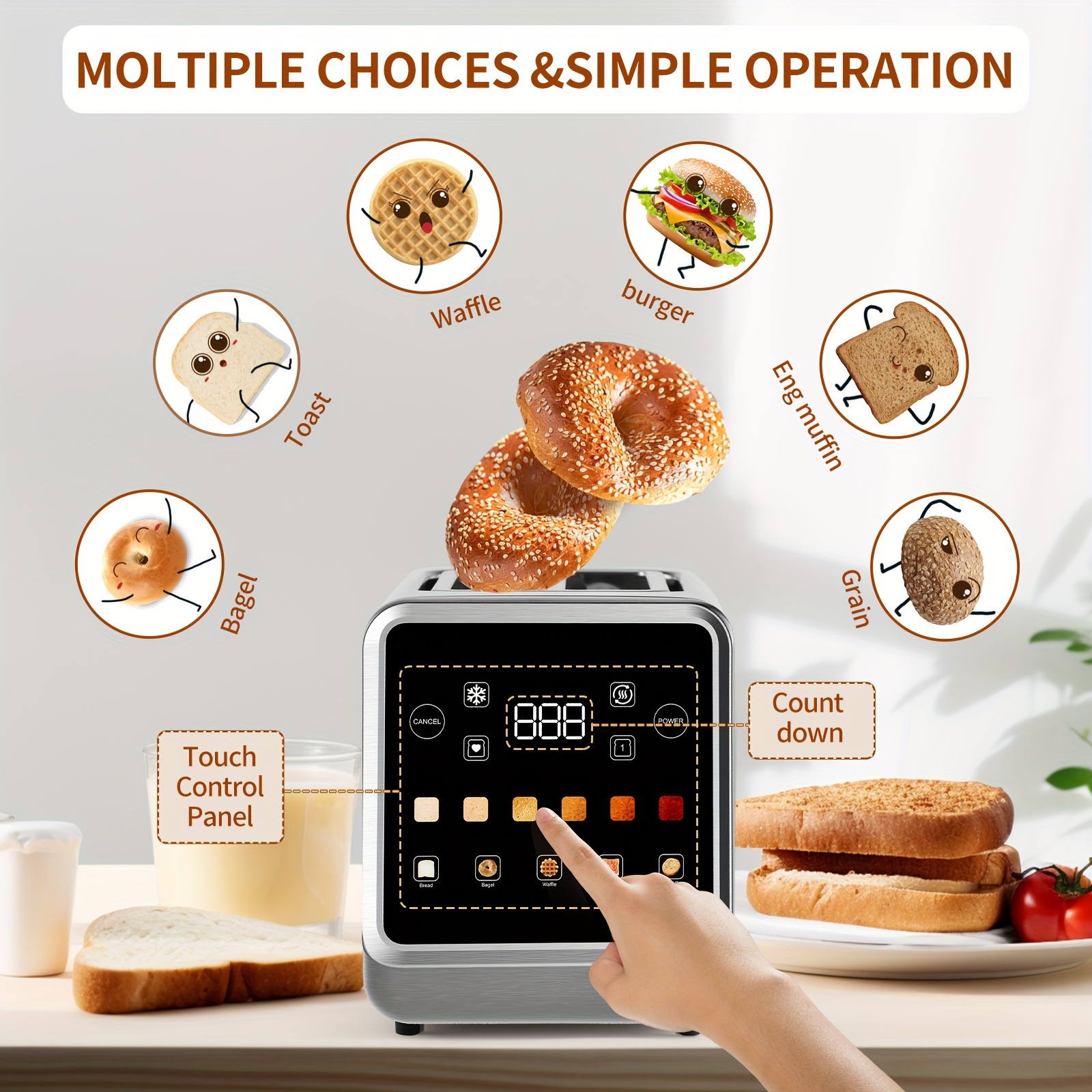 touch screen toaster 2   stainless steel digital timer toaster with 6 bread types and 6 shade settings 1 5 wide toast slot with bagel cancel defrost and memory details 4