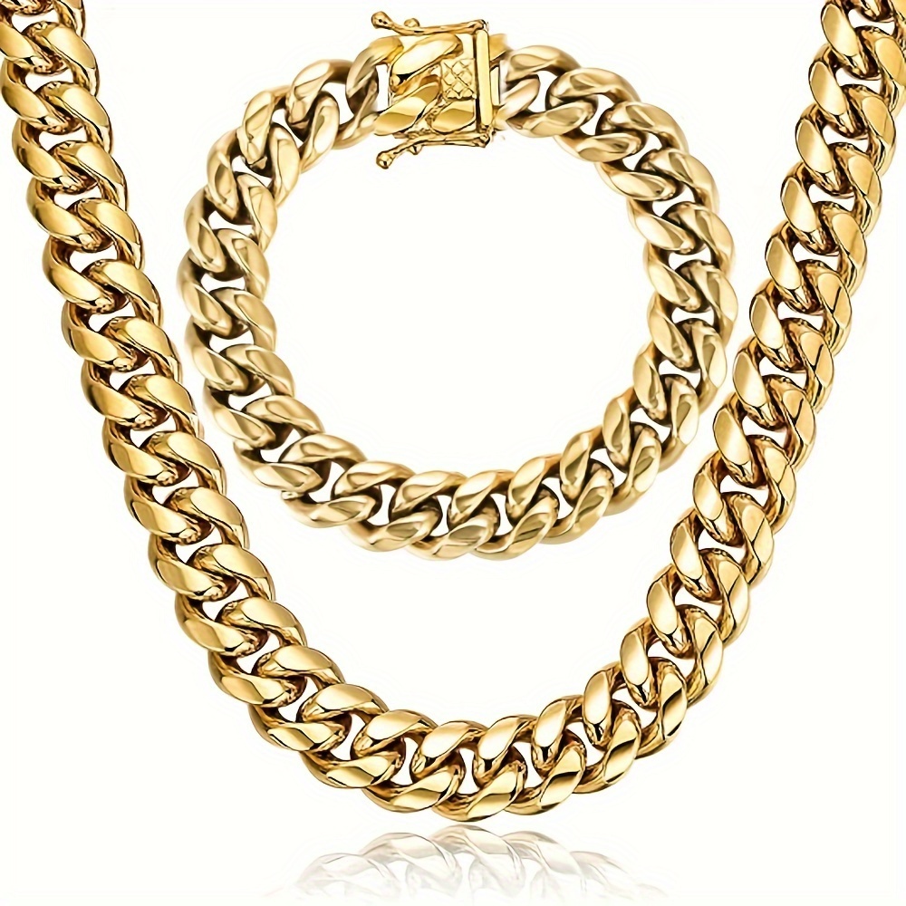 TEMU 2pcs Set - 14mm Miami Cuban Link Chain For Men, 18k Gold Plated Stainless Steel, Secure Closure, Polished Finish - Elegant Punk Style Necklace & Bracelet Combo In Gold