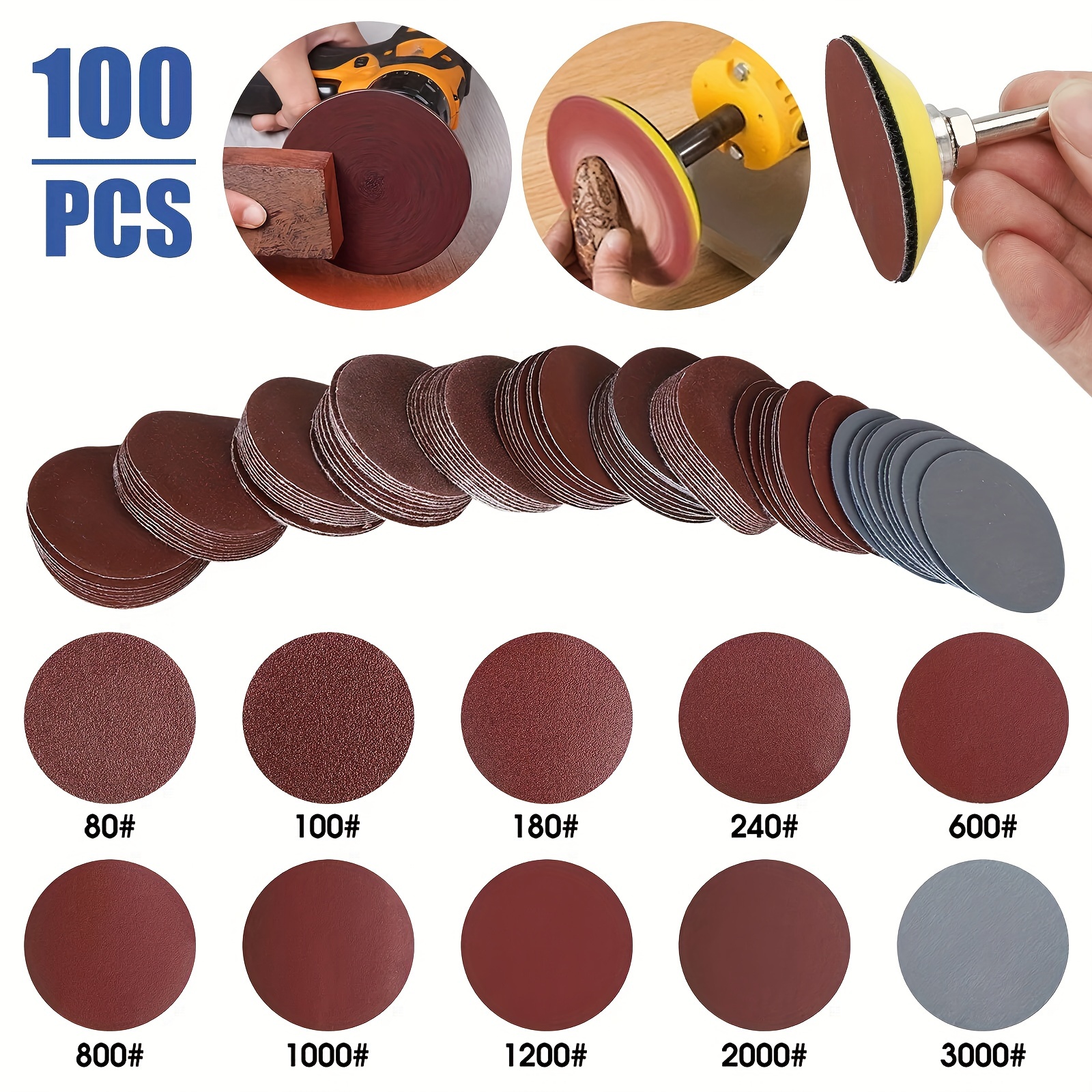 

100pcs 2" Kit, Sandpapers 1/4" Backing Pad, 80-3000 Abrasive Polishing Set For Tool