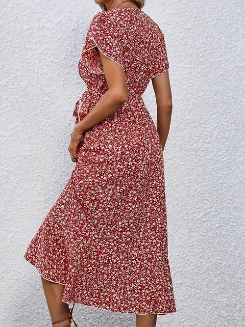 bohemian style womens dresses v neck small floral cardigan straps fashion short sleeved irregular ruffles large swing length dresses
