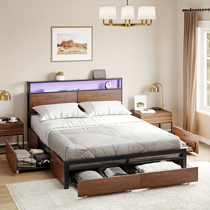 

Bed Frame With Headboard And 4 Storage Drawers Bed Frame With Usb Ports & Outlets, With Charging Station