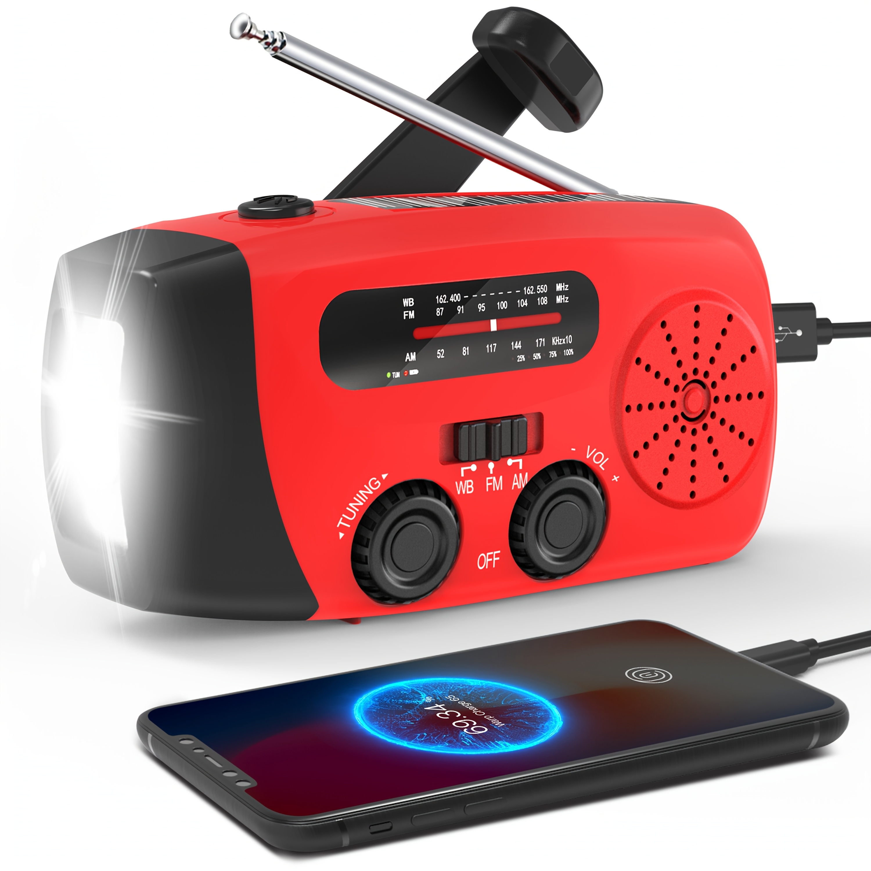 

Emergency Radio: Solar-powered, Hand , Am/fm Portable Weather Radio, 2000 Mah Mobile Power, Usb Charging, Solar, With Led Flashlight