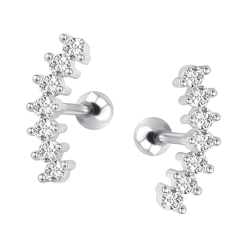 TEMU 1 Pair Of Elegant Curved Synthetic Zirconia Stud Earrings Stainless Steel Cartilage Pierced Earrings