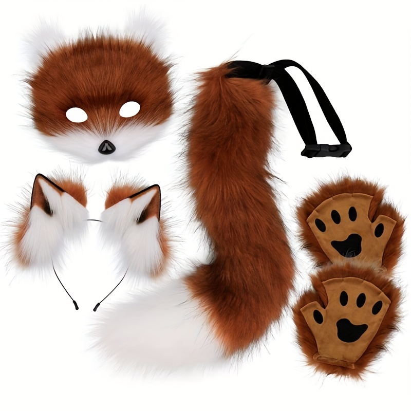 

Costume Set For Halloween - 5pcs With Ears, Tail, And Paw Gloves - Soft Polyester Animal Theme Dress-up Accessories