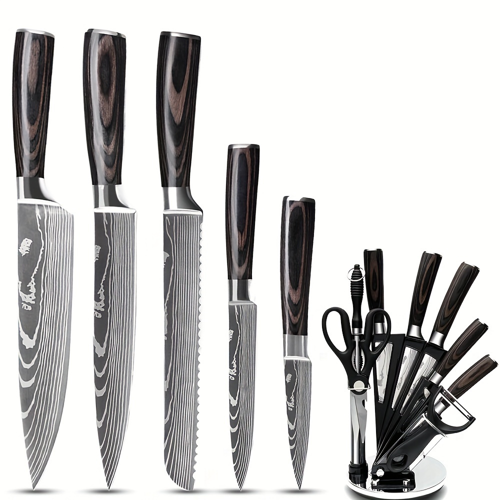 TEMU 9pcs Knife Set, Kitchen Knife Set, Knife Set, German Stainless Steel Kitchen Knife Set Chef Knife, Ergonomic Pakkawood Handles