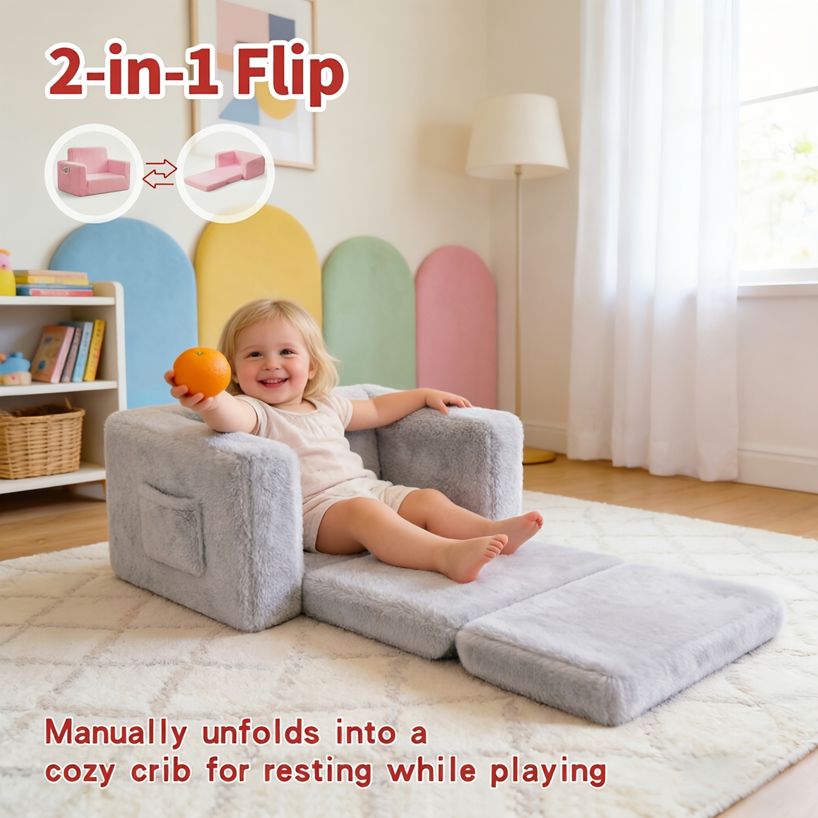 Kids Sofa 2-in-1 Convertible to Recliner Chair - Soft Plush Gray/Pink/White Youngsters Lounge Chair with Storage Pocket, Cozy Folding Playroom Furniture for Boys And Girls, Youngsters Playroom Furniture Pocketed Armrests | Velvet Upholstery, Chair