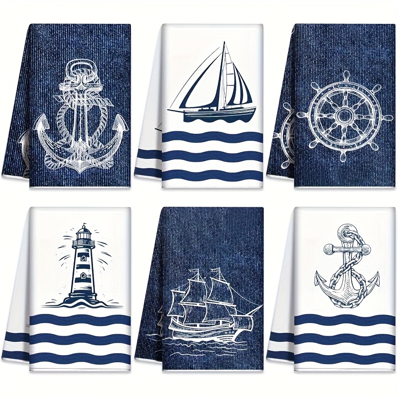 E-shop 6-teiliges nautisches Küchenhandtuch-Set, weiche Geschirrtücher aus mit Anker-, Segelboot-, - Kompass-Designs, geeignet für Frühlings-